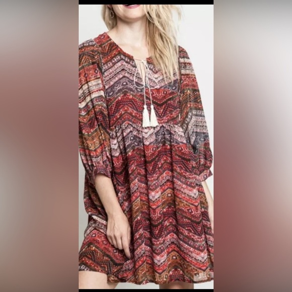 UMGEE Size L DRESS Tassel Tie Front Red Aztec Mix Print Babydoll  BOHO - Picture 1 of 11